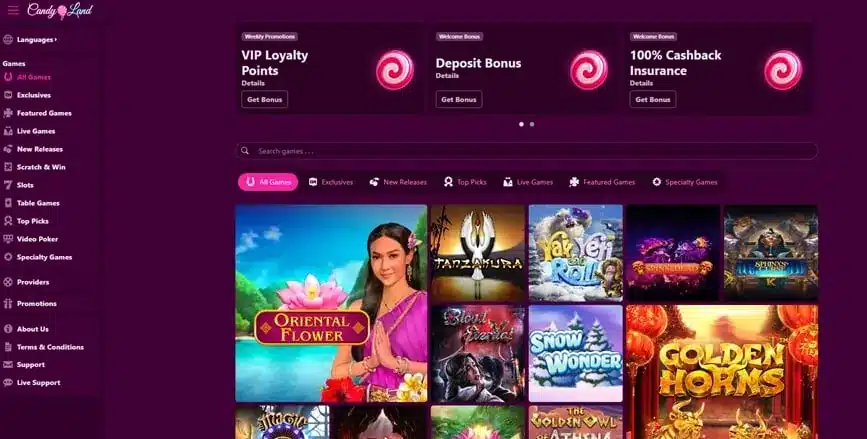 Candyland Casino homepage screenshot
