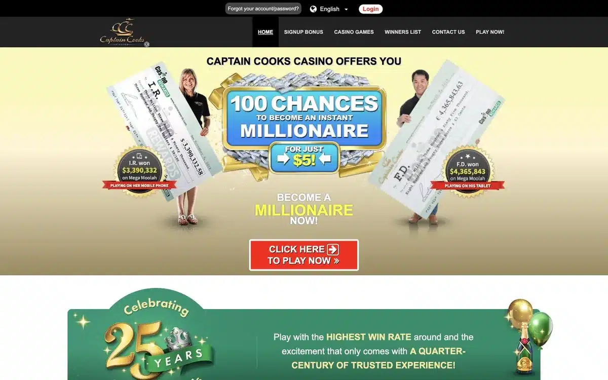 Current international Captain Cooks Casino homepage