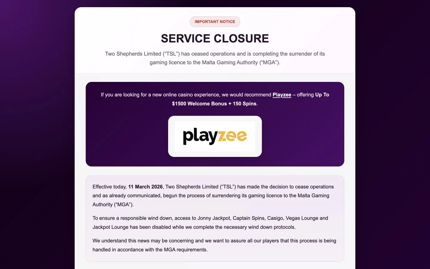 Captain Spins official service closure notice dated 11 March 2026