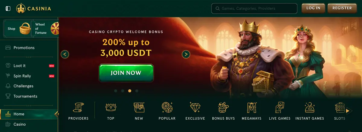 Casinia homepage screenshot - July 2026