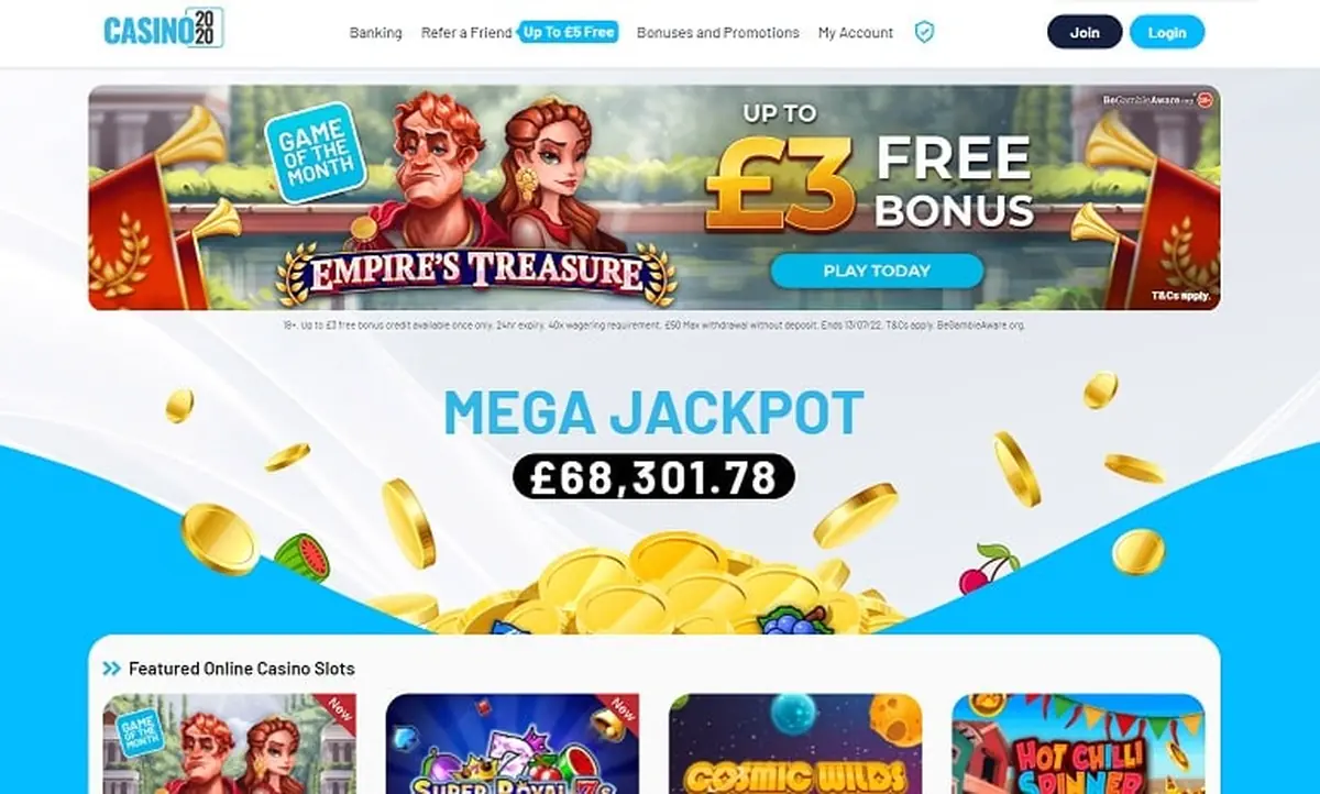 Casino 2020 homepage screenshot - archived from 2022, before closure