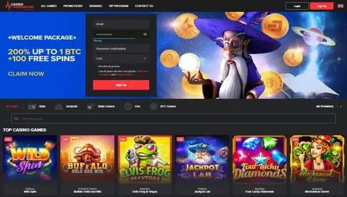 Casino Adrenaline homepage screenshot – July 2026