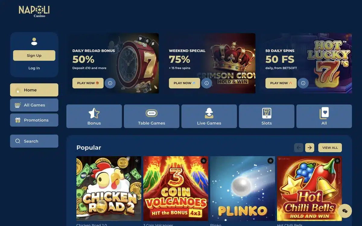 Casino Napoli homepage, promotions and game lobby