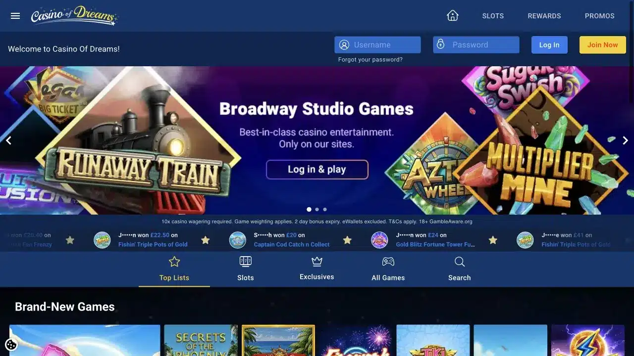 Casino of Dreams in July 2026, showing Broadway Studio Games and casino navigation.
