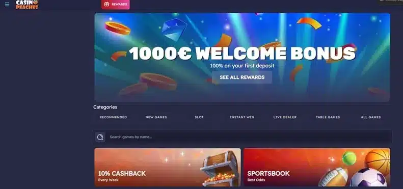 Casino Peaches homepage screenshot – July 2026