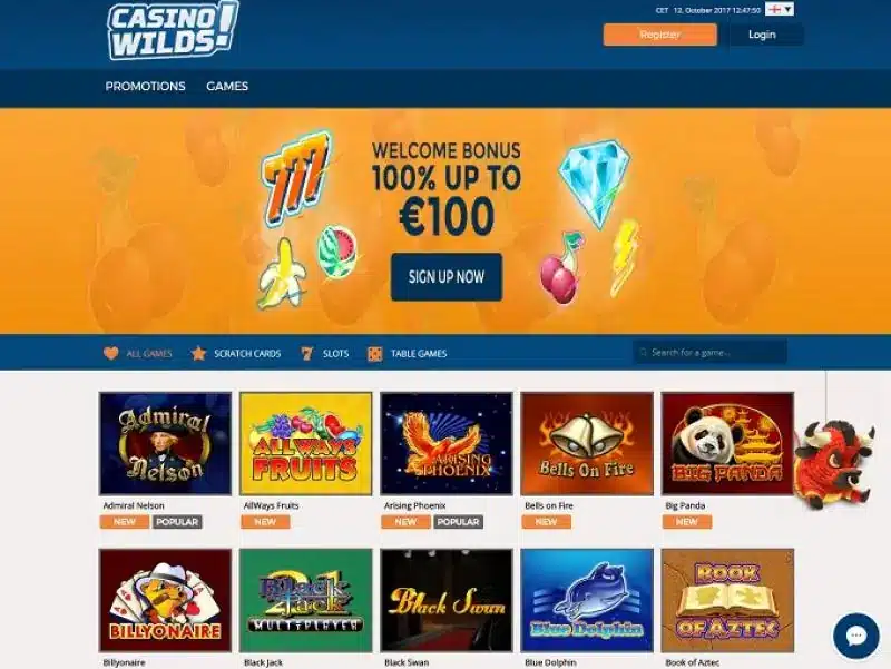 Casino Wilds homepage screenshot – October 2017