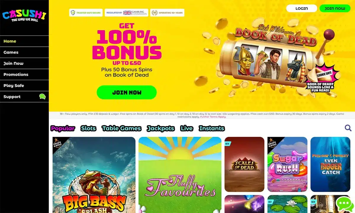 Casushi casino homepage with sushi-themed games and welcome promotion