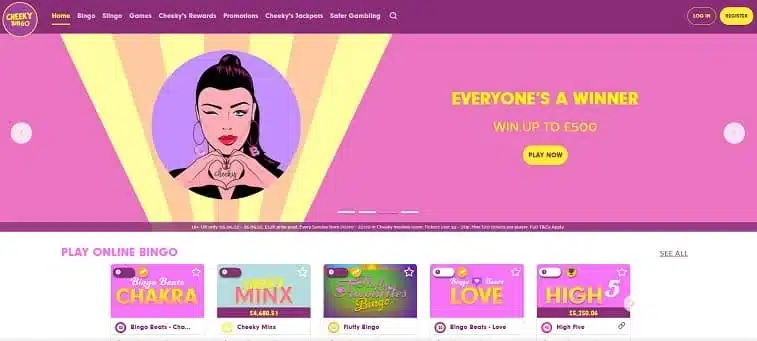 Cheeky Bingo homepage screenshot before the site closed in 2026