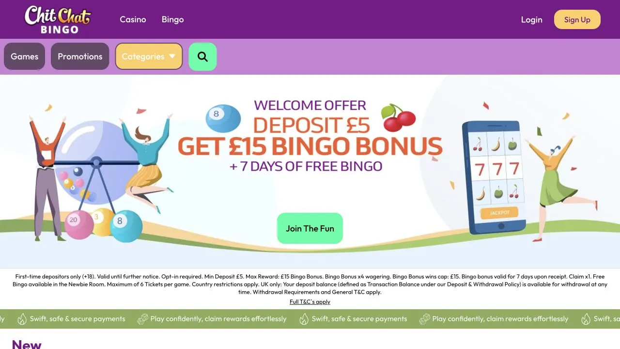 Chit Chat Bingo homepage showing the current bingo welcome offer