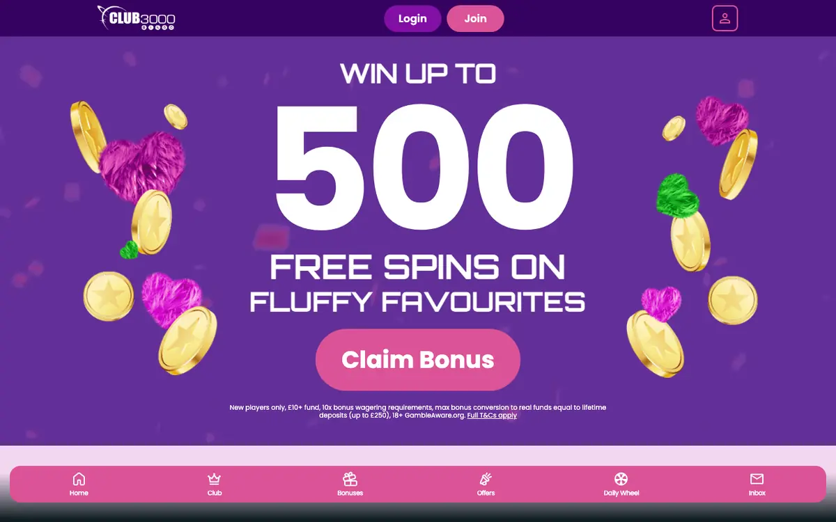 Club3000 Bingo online homepage and bingo lobby