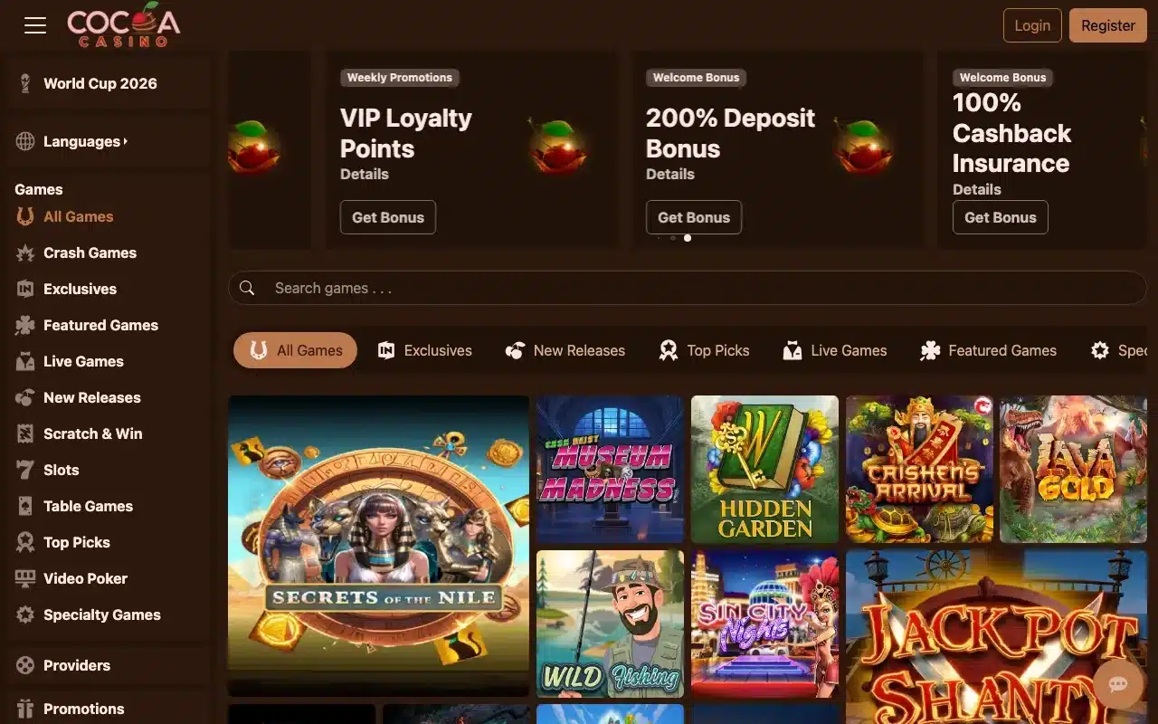 Cocoa Casino homepage screenshot
