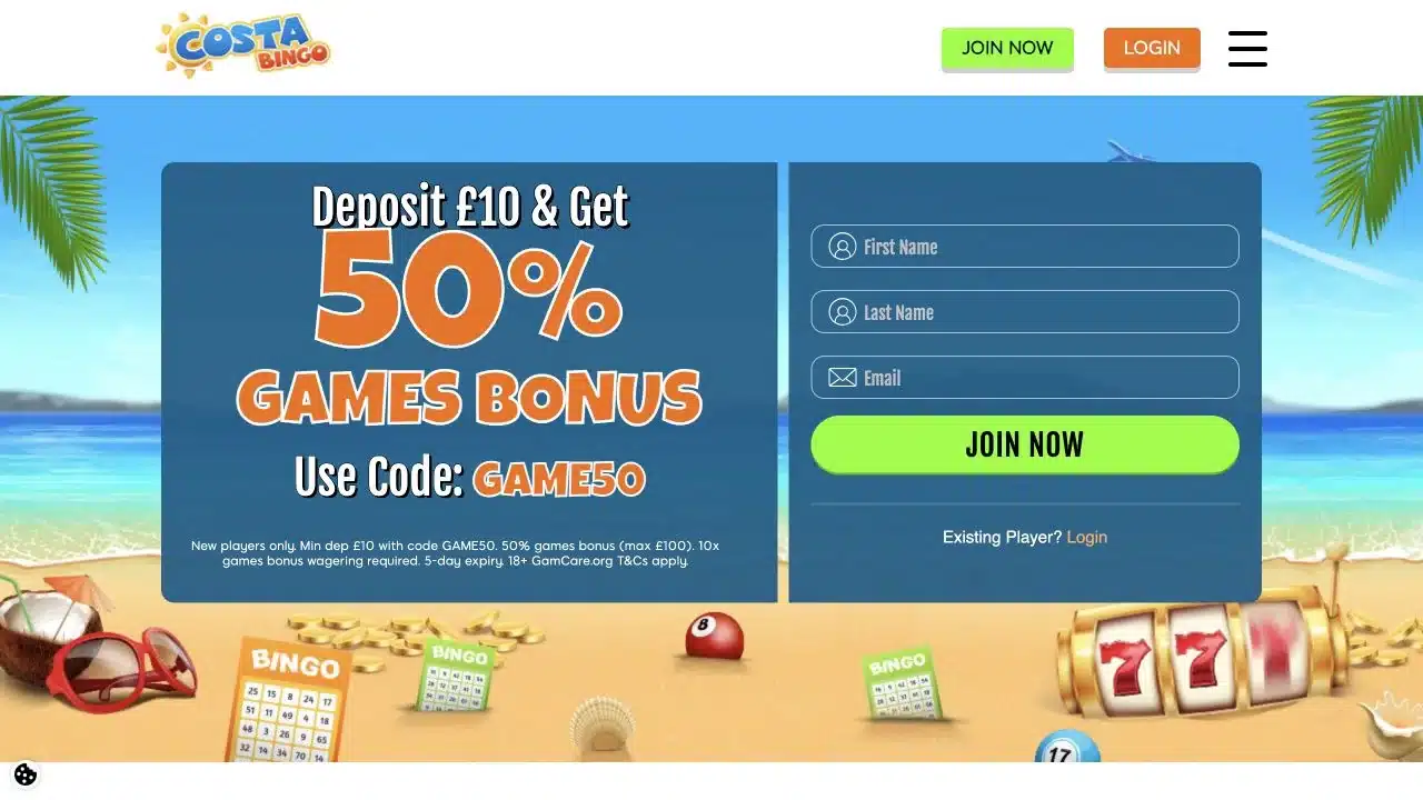 Costa Bingo current UK homepage and welcome offer