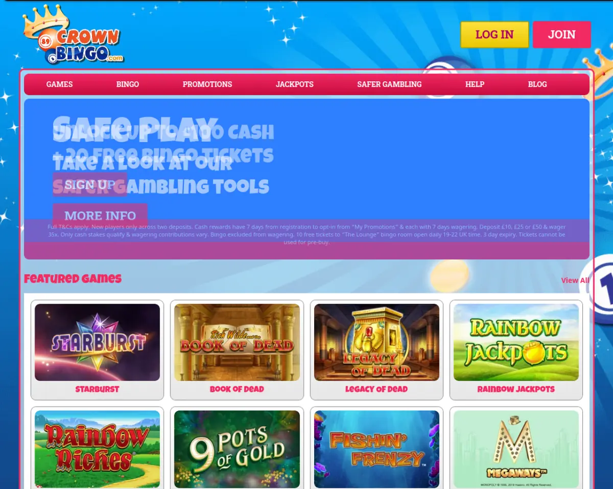 Crown Bingo homepage archived screenshot &ndash; December 2020, before closure