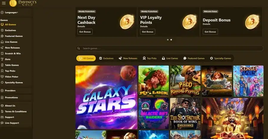 DaVinci's Gold casino homepage checked for current brand evidence