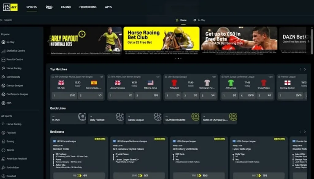 DAZN Bet homepage showing the live British sportsbook and casino navigation