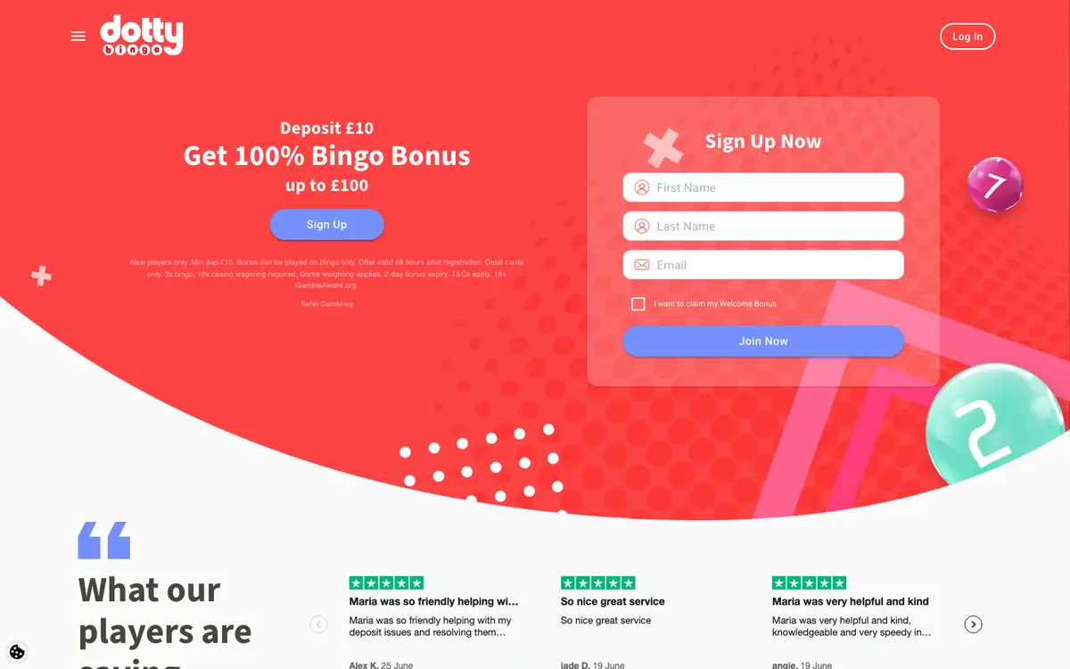 Dotty Bingo homepage screenshot – July 2026