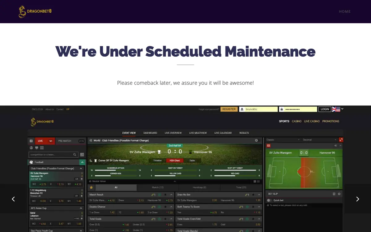 Dragon Bet 8 homepage screenshot &ndash; archived January 2020 maintenance page