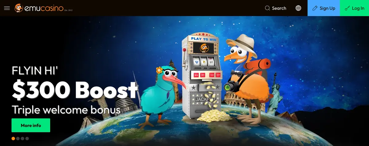Emu Casino homepage showing the triple welcome bonus