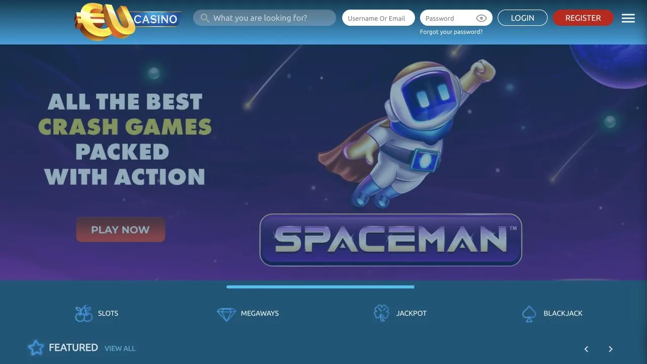 EU Casino homepage showing the current slots lobby