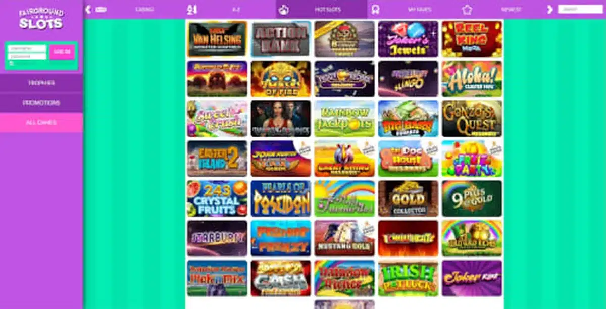 Fairground Slots casino lobby showing slot games and navigation