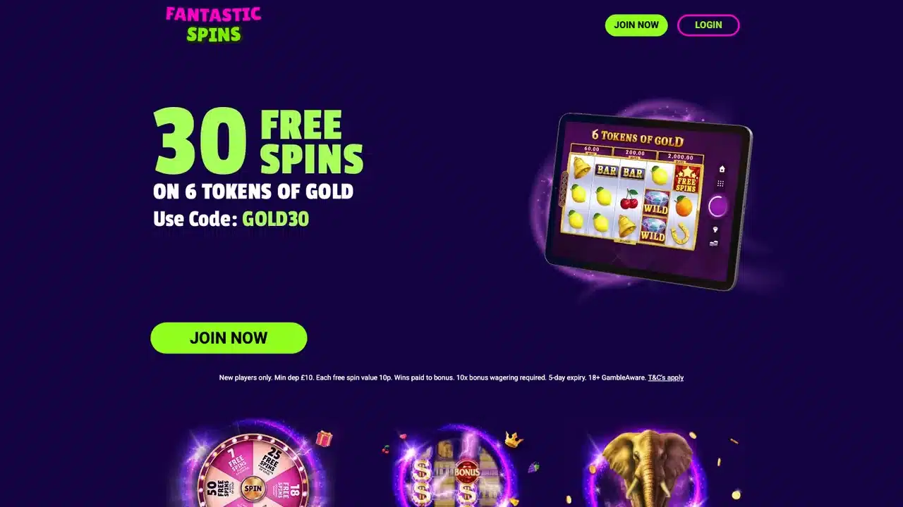 Fantastic Spins homepage showing the current 30 free spins welcome offer