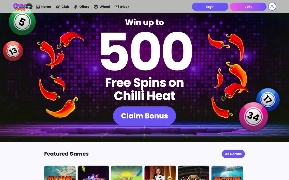 Fever Bingo homepage showing the current Mega Wheel welcome offer