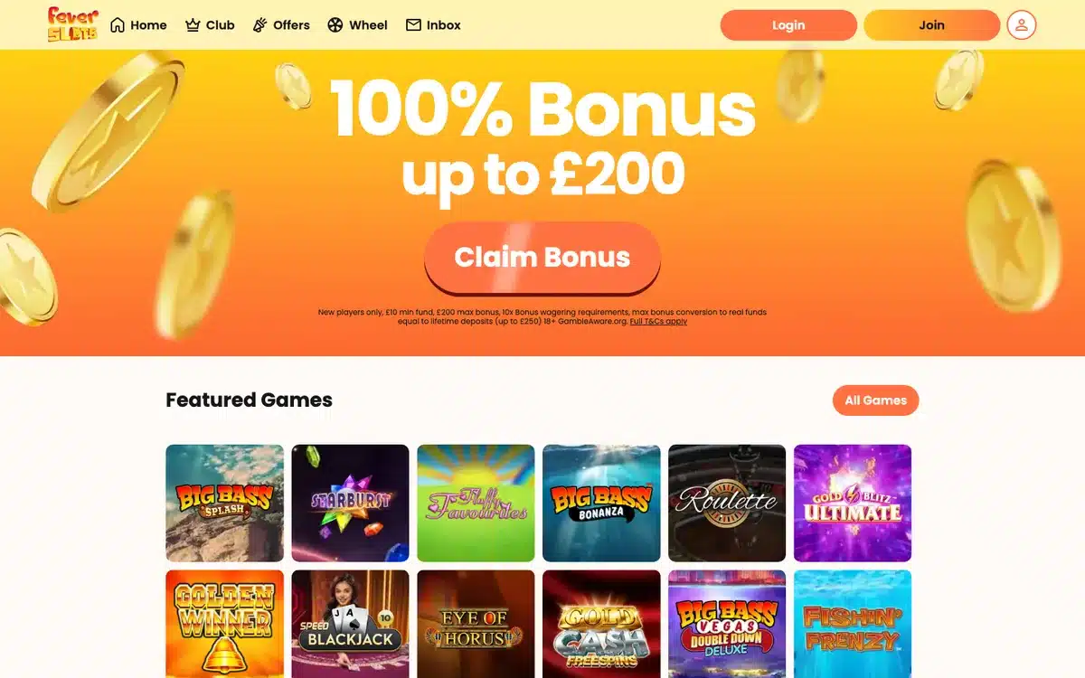 Fever Slots homepage showing the current welcome bonus and games