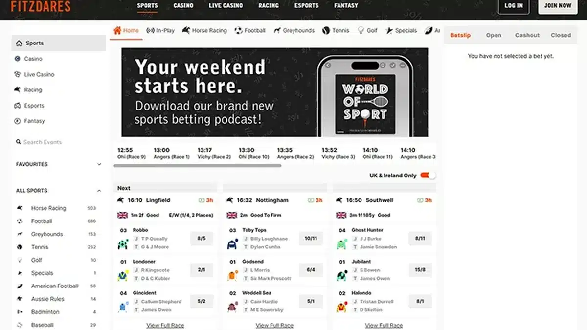 Fitzdares sportsbook homepage showing racing and betting markets