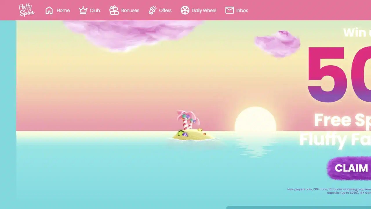 Fluffy Spins casino homepage showing the current Mega Reel offer