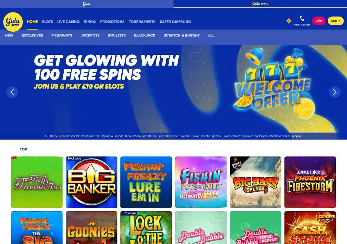 Gala Spins homepage screenshot – July 2026