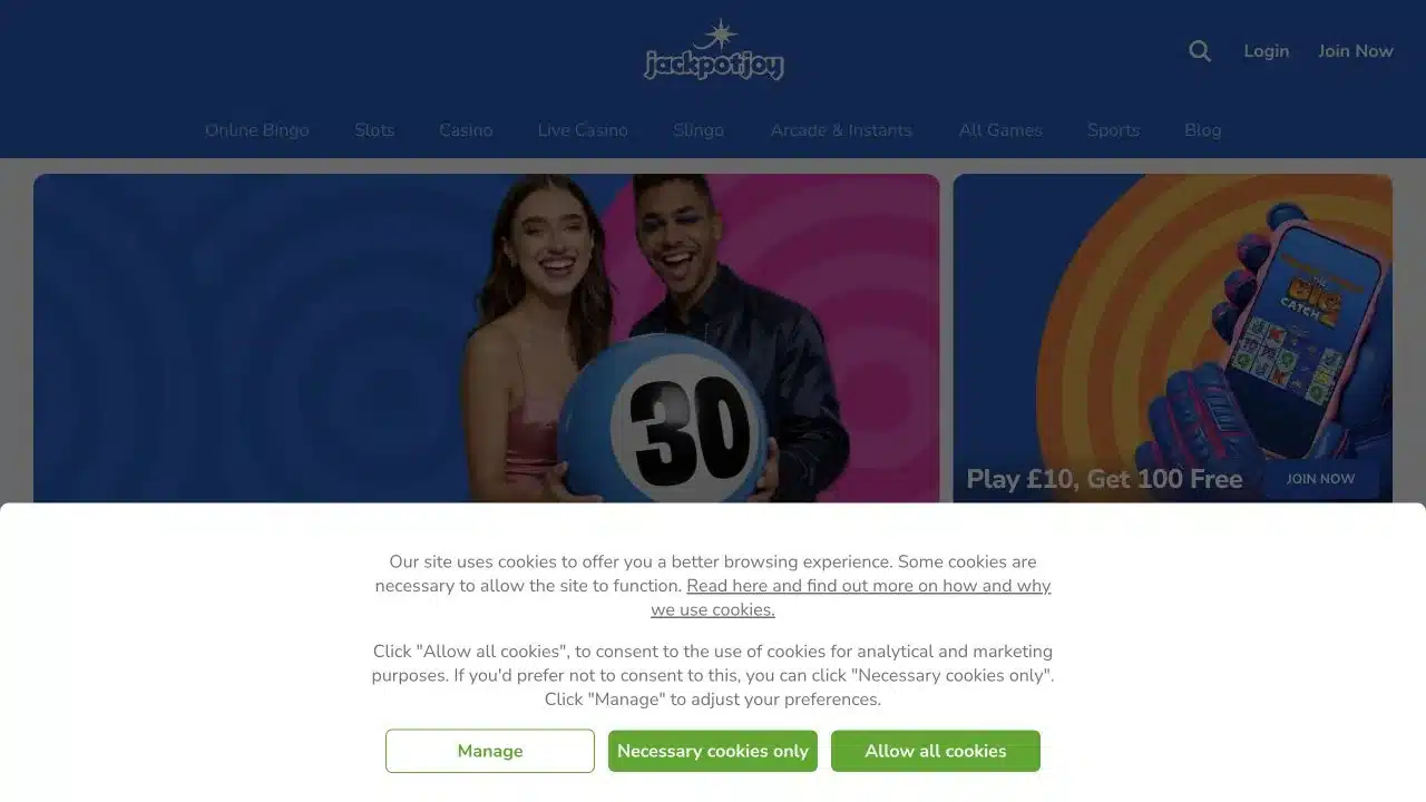 Jackpotjoy homepage screenshot – Gamesys flagship brand, July 2026