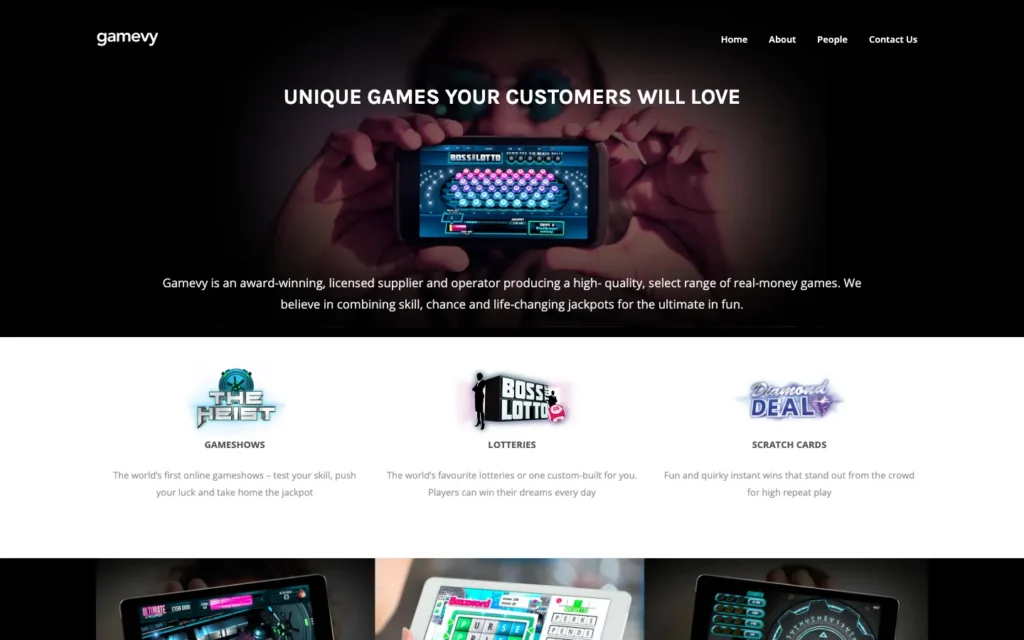 Gamevy official homepage showing its gameshow, lottery and scratch-card products
