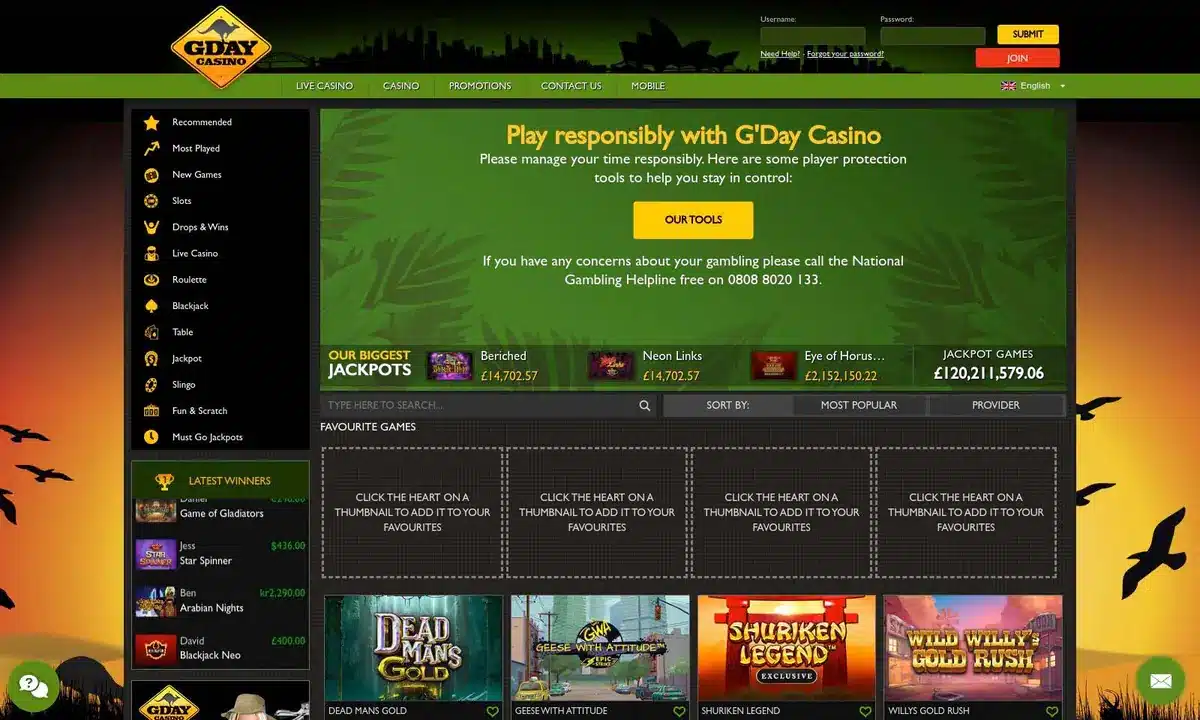 Gday Casino homepage showing the casino lobby and safer gambling tools