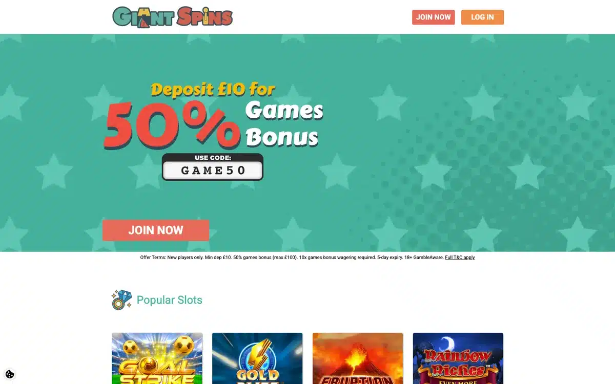 Giant Spins homepage showing its current casino welcome offer