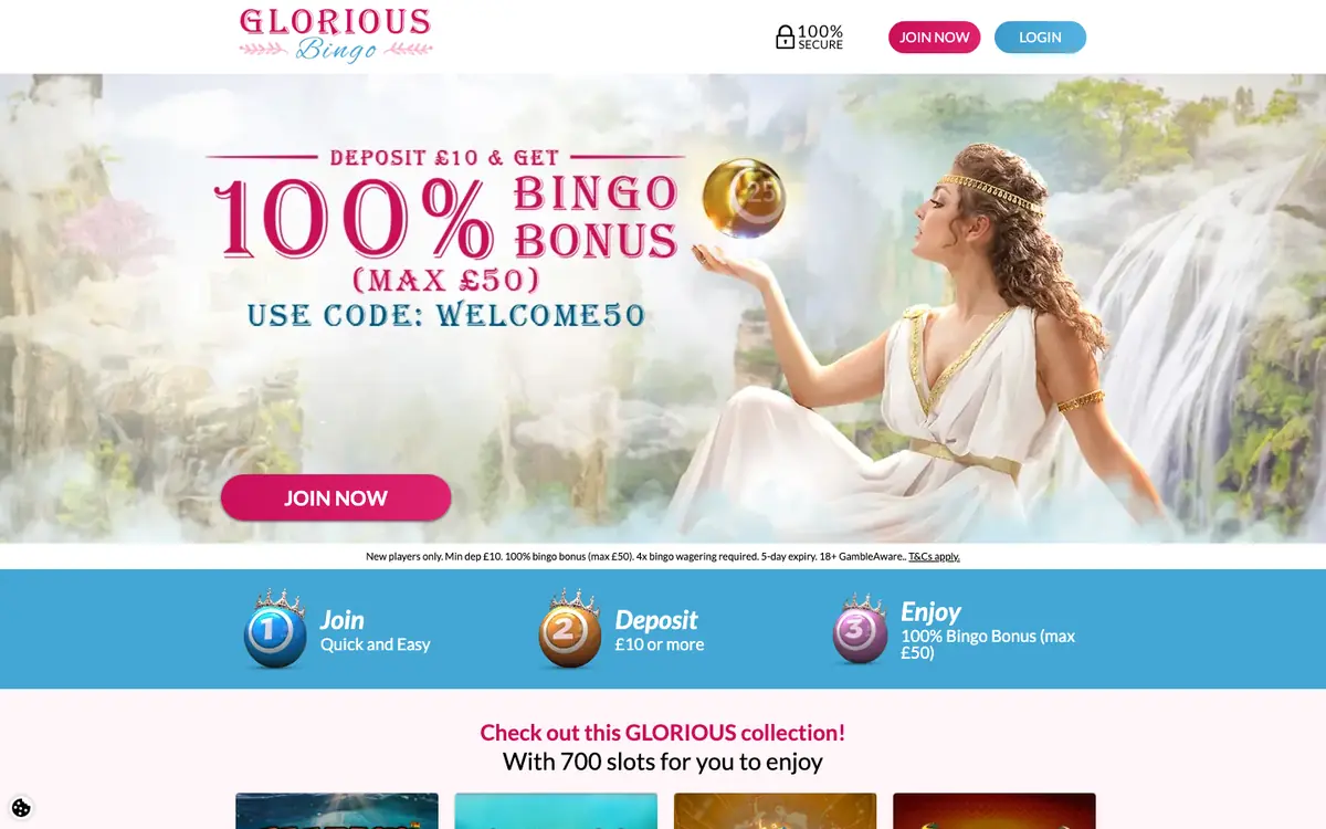 Glorious Bingo homepage screenshot &ndash; July 2026