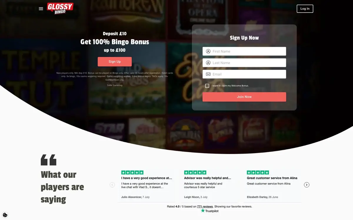 Glossy Bingo homepage screenshot – July 2026