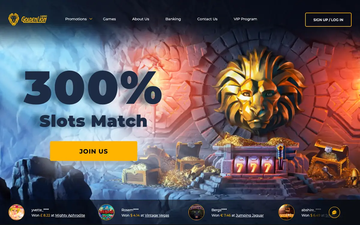 Golden Lion Casino homepage showing the 300 percent slots match banner