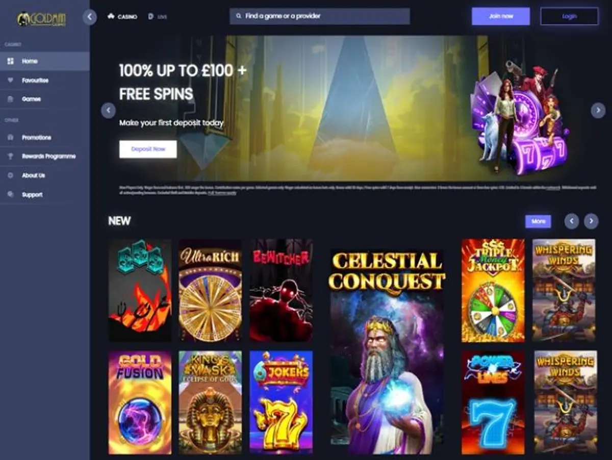 Goldman Casino homepage screenshot – archived view from 2024, brand now closed