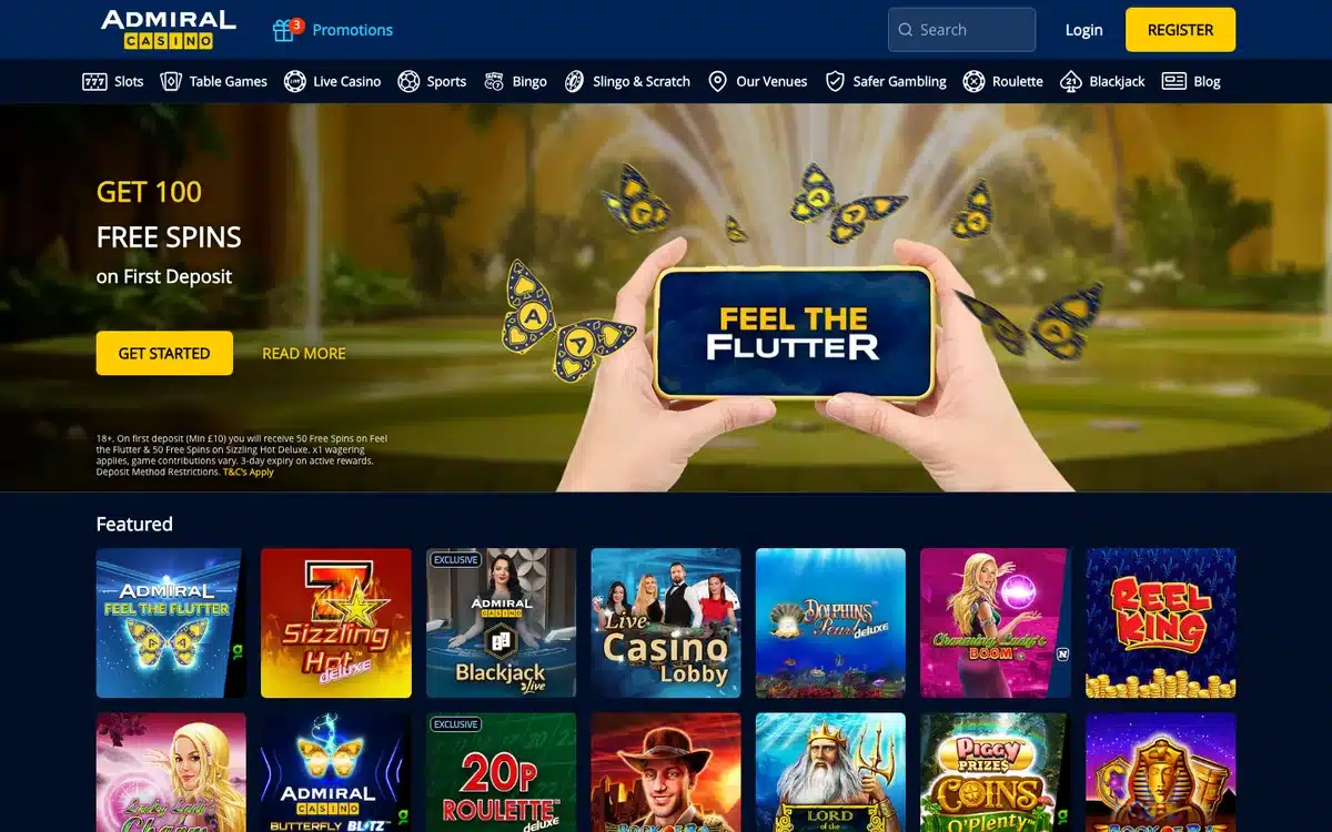 Admiral Casino homepage showing the current Greentube casino offer