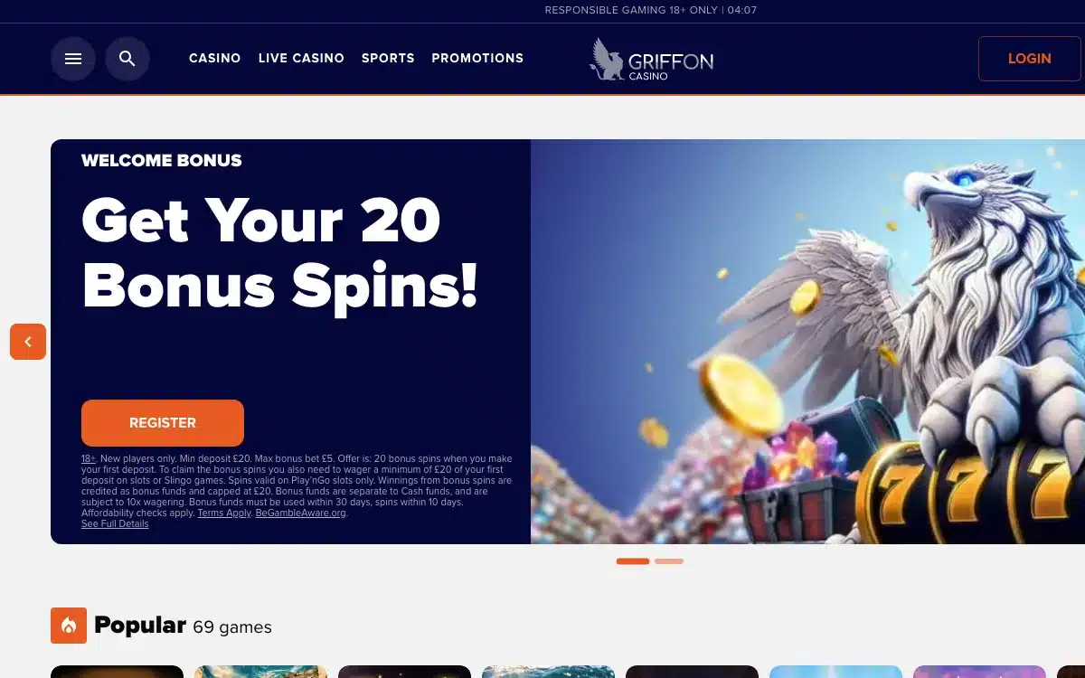 Griffon Casino homepage showing its current welcome offer