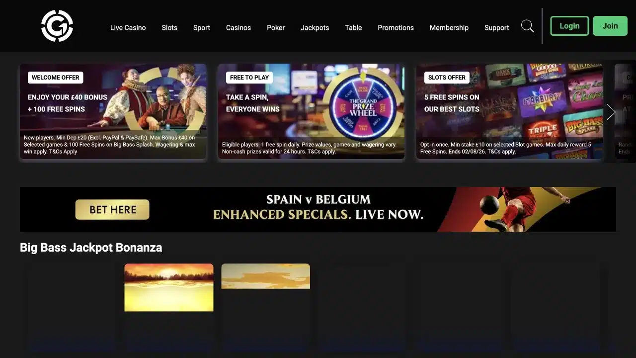 Grosvenor Casino homepage screenshot