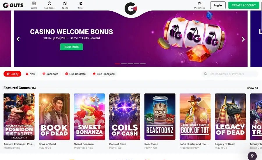 Guts homepage screenshot - July 2026