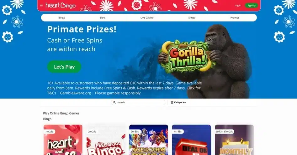 Heart Bingo homepage showing bingo rooms and current promotions