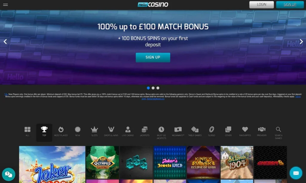 Hello Casino homepage showing the welcome panel and game categories