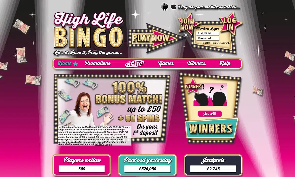 Archived Highlife Bingo homepage showing its former bingo lobby