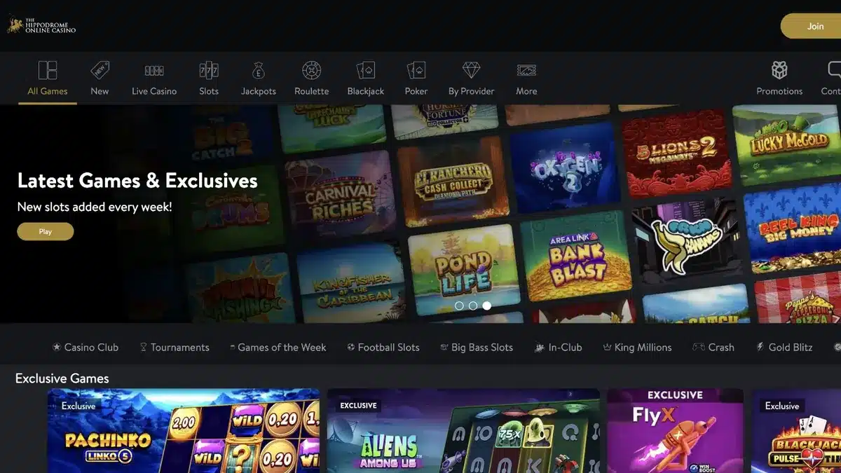 Hippodrome Online casino homepage showing its games lobby