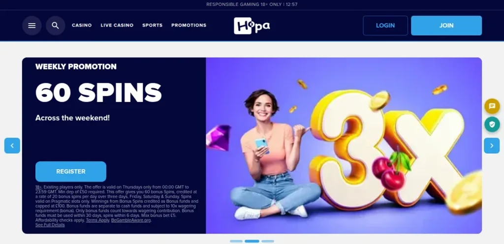 Hopa Casino homepage showing the weekly promotion and casino navigation