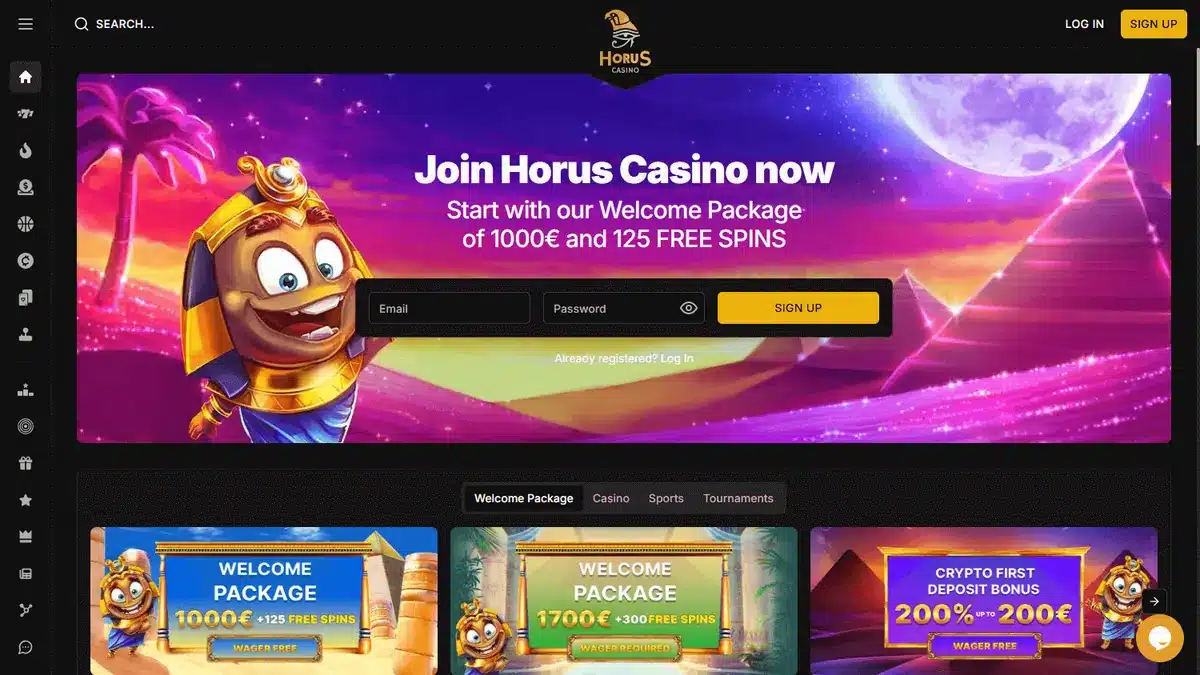 Horus Casino homepage showing its Egyptian-themed casino lobby
