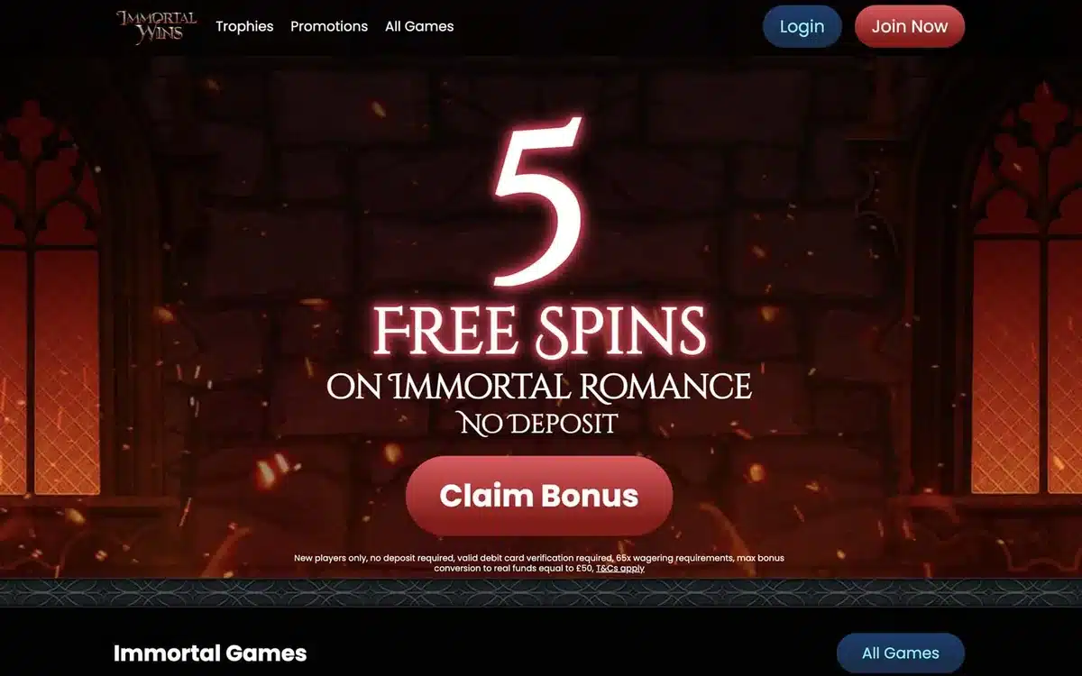 Historical Immortal Wins homepage showing its gothic casino theme