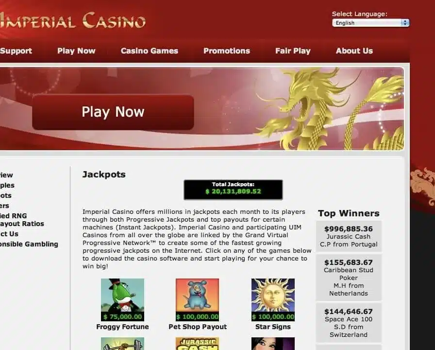 Imperial Casino historical homepage showing its red Asian-themed casino lobby